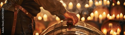 Sommelier using a wine thief to sample a vintage red wine from an oak barrel, surrounded by glowing candles