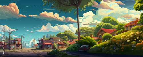 cartoon illustration of a street with houses and trees in a rural area