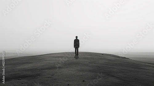 arafed man standing on a hill looking out at the ocean