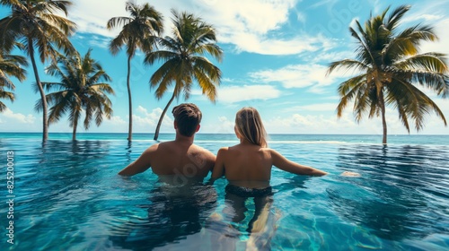 A man and a woman sit in a pool with palm trees in the background