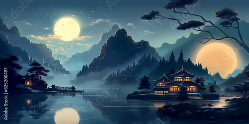night scene of a chinese village by a lake with a full moon