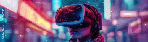 Nextgen virtual adventure, youth wearing VR headset, deeply engaged in an interactive neon cosmos