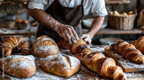 Artisan baker carefully arranging homemade sourdough loaves and croissants on a rustic wooden counter