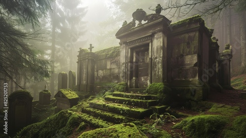 Ancient family mausoleum shrouded in mist, with moss-covered stones and faded epitaphs under a pale sun