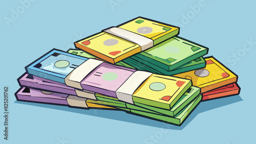 A pile of cled banknotes of different denominations tered on a table or held in a secure bundle. They are lightweight and relatively durable made from. Cartoon Vector.