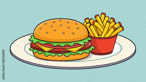 A plate of burger and fries a popular American meal known for its indulgence and convenience.. Cartoon Vector.