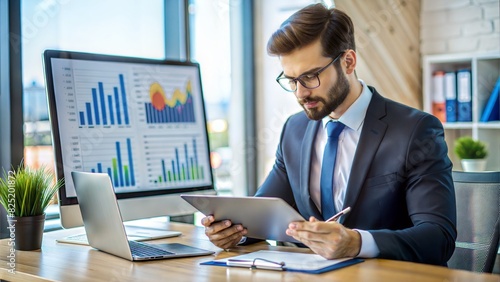 Marketing Director with Charts: A marketing director reviewing charts and data, showcasing analytical and strategic marketing skills. 