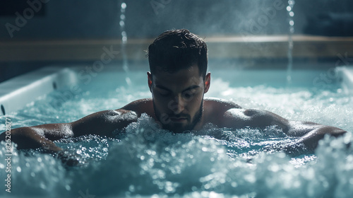 Um homem usando uma piscina de gelo para se recuperar após exercícios esportivos