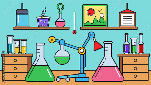 A science lab with lab tables microscopes and various beakers and flasks filled with colorful liquids as well as posters outlining the scientific od. Cartoon Vector.