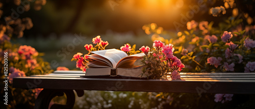 Open Book on Bench with Pink Flowers at Sunset
