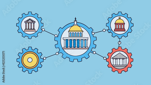 A series of interconnected gears each representing a different institution or branch of government turning in unison to drive the overall functioning. Cartoon Vector.