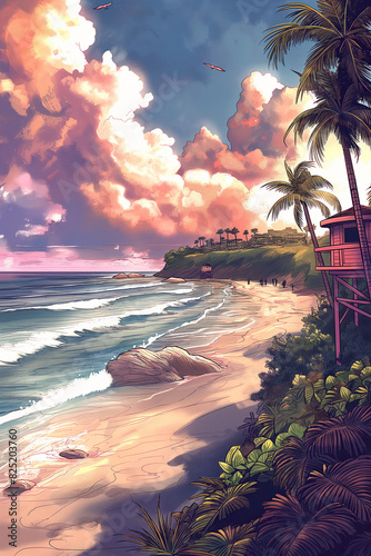 painting of a beach with a lifeguard tower and palm trees