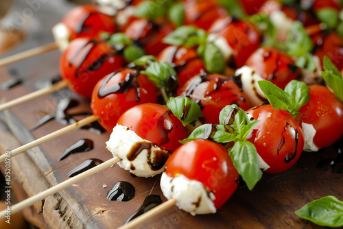 tomatoes and mozzarella on a wooden skewer with basil