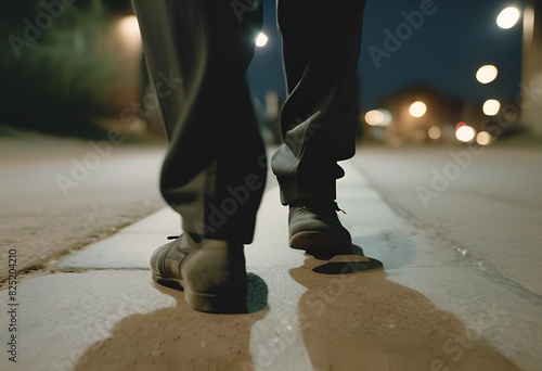 Close Up Of Walking Feets In Dark Spooky Night Police Crime Observation Criminal Drug Dealer, Generative AI