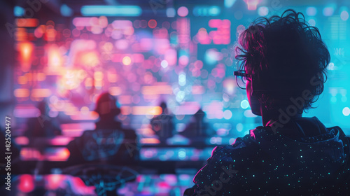 A man with glasses is looking at a computer screen with a blurry background. The image has a futuristic and abstract feel to it, with a mix of bright and dark colors