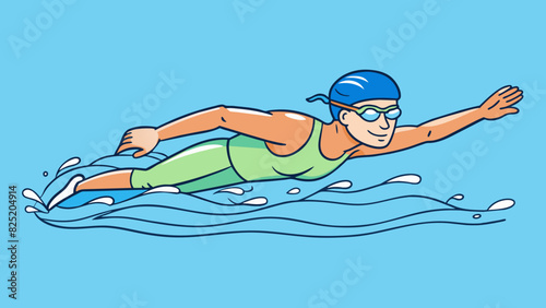 A swimmer practicing their strokes gliding through the water and taking note of their body positioning and breathing techniques.. Cartoon Vector.