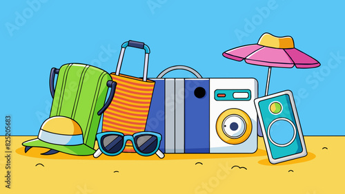 A travel itinerary for a beach vacation This plan includes a colorful beach bag with sunscreen a beach towel sunglasses and a floppy hat as well as a. Cartoon Vector.