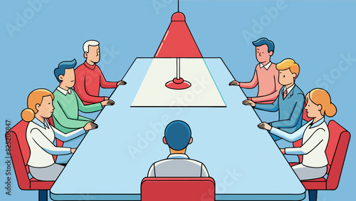 During a call a group of coworkers sit around a large table and take turns speaking into a speakerphone. The speakerphone has a blinking red light to. Cartoon Vector.