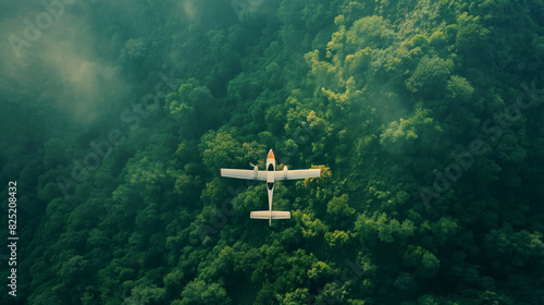 Top view of a small private plane flying over the green jungle. Airplane flies over the dense forest on hills.