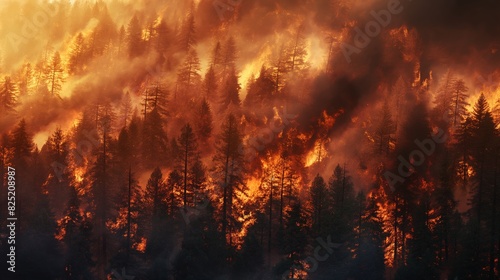 Intense wildfire engulfing a dense forest.