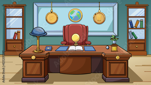 The chairmans office was decorated with dark wood furniture symbolizing stability and tradition. His desk was organized and neat with a small globe. Cartoon Vector.