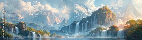 Majestic waterfalls cascading down lush green mountains under a vibrant sky, creating a breathtaking natural landscape.