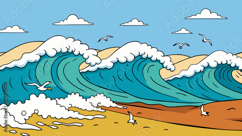 The ocean waves crashed against the shore often the salty air carrying the sound of seagulls and endless possibilities.. Cartoon Vector.