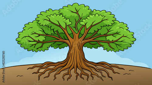 The old oak tree with its deep roots and towering branches stands firmly in the ground certain in its strength and endurance.. Cartoon Vector.