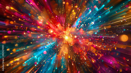 A colorful abstract scene with bursts of color and light trails, reminiscent of fireworks lighting up the night sky.