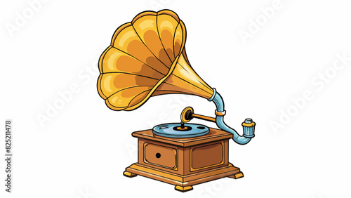 The third illustration depicts an oldfashioned gramophone with a large brass horn. The intricate woodwork on the base and the delicate hand crank give. Cartoon Vector.