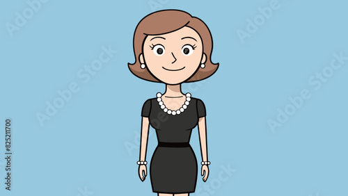 The womans outfit was simple yet elegant with a kneelength black dress and a delicate silver necklace. Her only accessory was a pair of small pearl. Cartoon Vector.