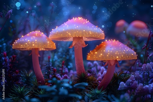 Glowing Mushroom Fantasy Landscape in Enchanted Nocturnal Forest Scene