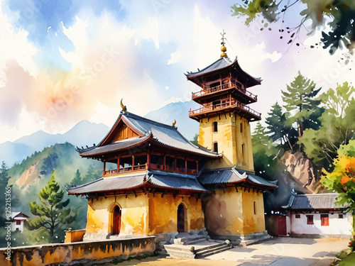 Bell tower in a Buddhist monastery in a digital watercolor painting