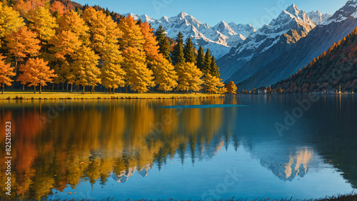 Anime wallpaper of natural scenery, quiet, peaceful lake in autumn in Europe
