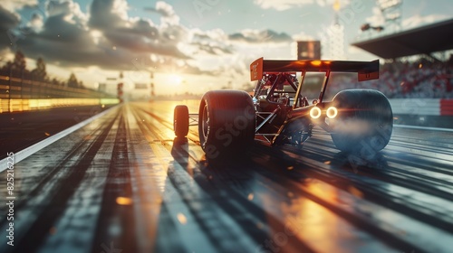 Dragster speeding on a race track at sunset for motorsports or racing themed designs