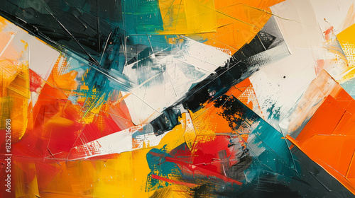 A dynamic abstract scene with bold, angular shapes and a bright, sunny palette, evoking the intensity of midday sun.