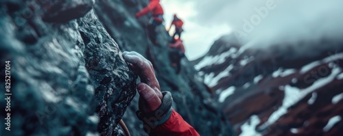 Climber's hand grasping the summit rock with teammates in the background close up, focus on, team effort, moody lighting, cinema tone, rocky summit