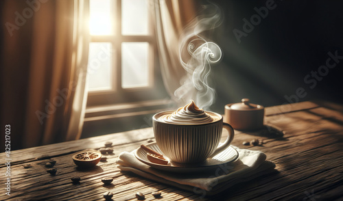 Cup of coffee with beans on the table wooden morning atmosphere