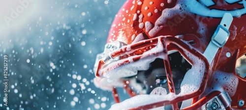 Football Helmet Cleaning Promotion - Sanitizing Sports Gear with Bubbles and Foam - Design for Poster, Print, or Online Campaign
