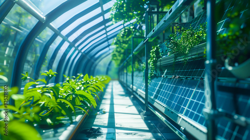 Modern greenhouse with solar panels and plants, photovoltaic system 