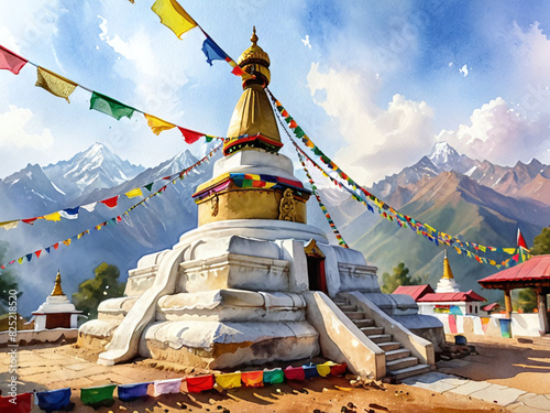 Stupa adorned with colorful prayer flags in a digital watercolor painting