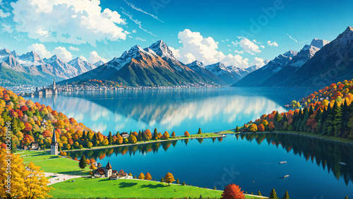 Anime wallpaper of a quiet lake in the suburbs of Europe with majestic mountains in autumn