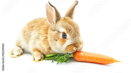 A cute pastel-colored bunny nibbling on a carrot, with floppy ears and soft fur, on a white background