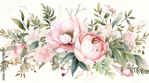 Romantic Peony and Rose Wedding Watercolor Border A lush border filled with soft pink peonies and white roses