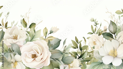 Elegant watercolor white roses and greenery border on white background.