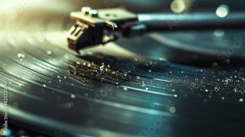 A close-up photo of a record groove, with the needle of a turntable resting gently on its surface. The groove should be sharply defined and in focus,