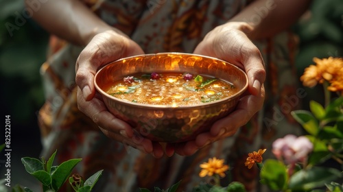 ayurvedic practitioner showcasing herbal medicine in an authentic copper vessel, promoting the concept of natural healthcare