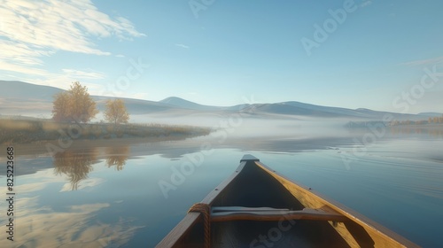 Photo of a canoe on a calm lake surrounded by lush green forests and distant mountains under a clear sky.