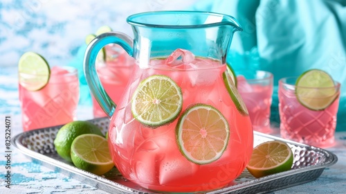 Photo of a glass pitcher filled with pink lemonade and lime slices, served with matching glasses on a metal tray against a bright, summery background.