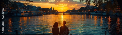 Couple on a riverboat cruise on the Seine, romantic evening, oil painting, soft lighting